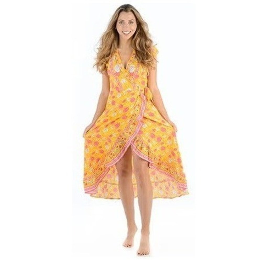 Walker & Wade Voyager Dress Sunshine Yellow Floral Wrap High Low Midi Small